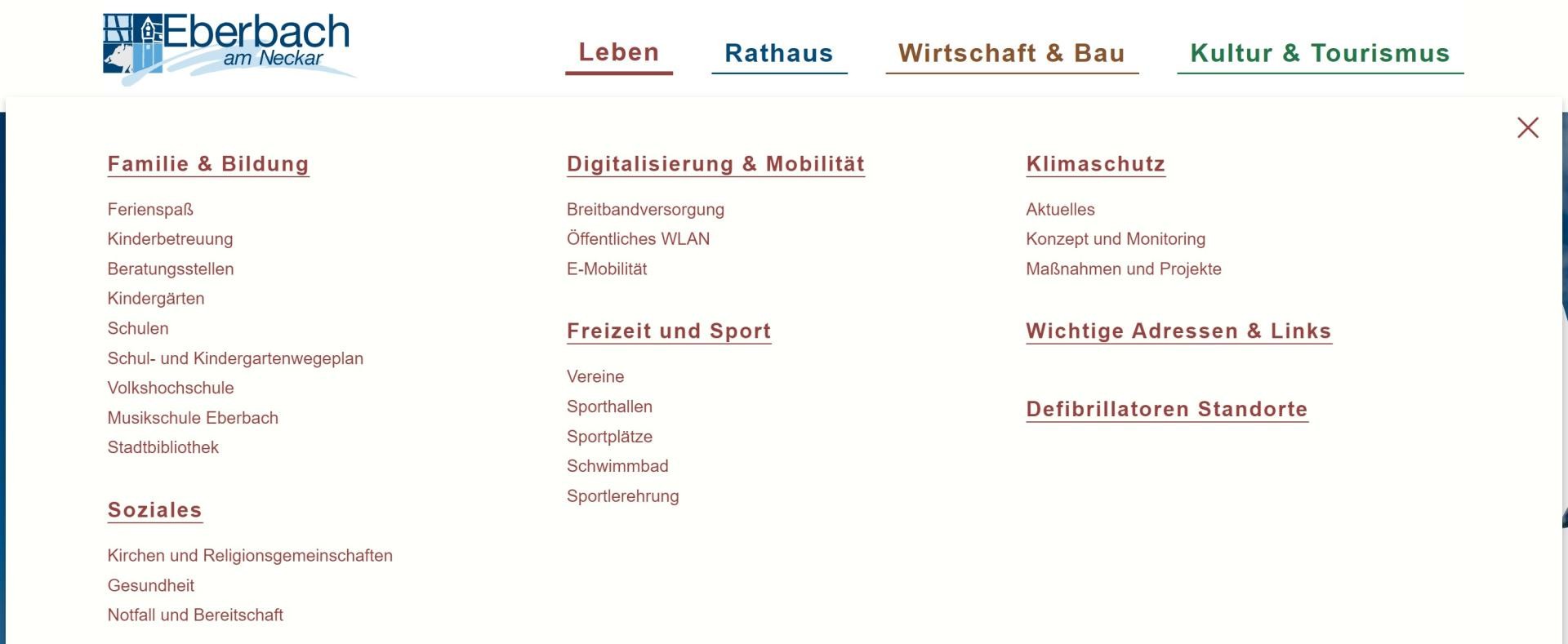 Screenshot geöffnete Hauptnavigation auf www.eberbach.de