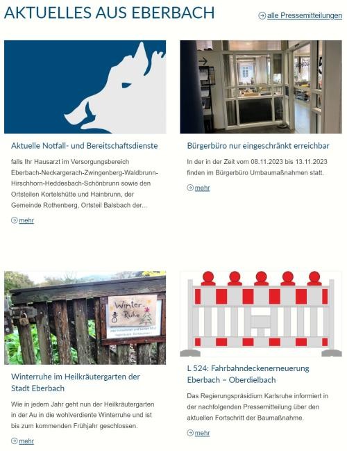 Screenshot Beispiel-Meldungen der Stadt Eberbach