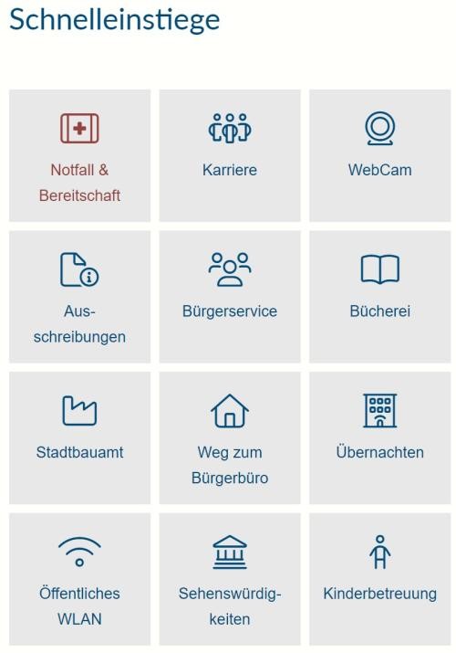 Screenshot Beispielliste mit Schnelleinstiegskacheln wichtiger Unterseiten der Stadt Eberbach