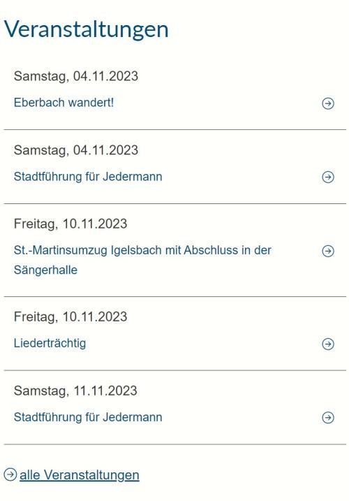 Screenshot Beispielliste mit anstehenden Veranstaltungen der Stadt Eberbach
